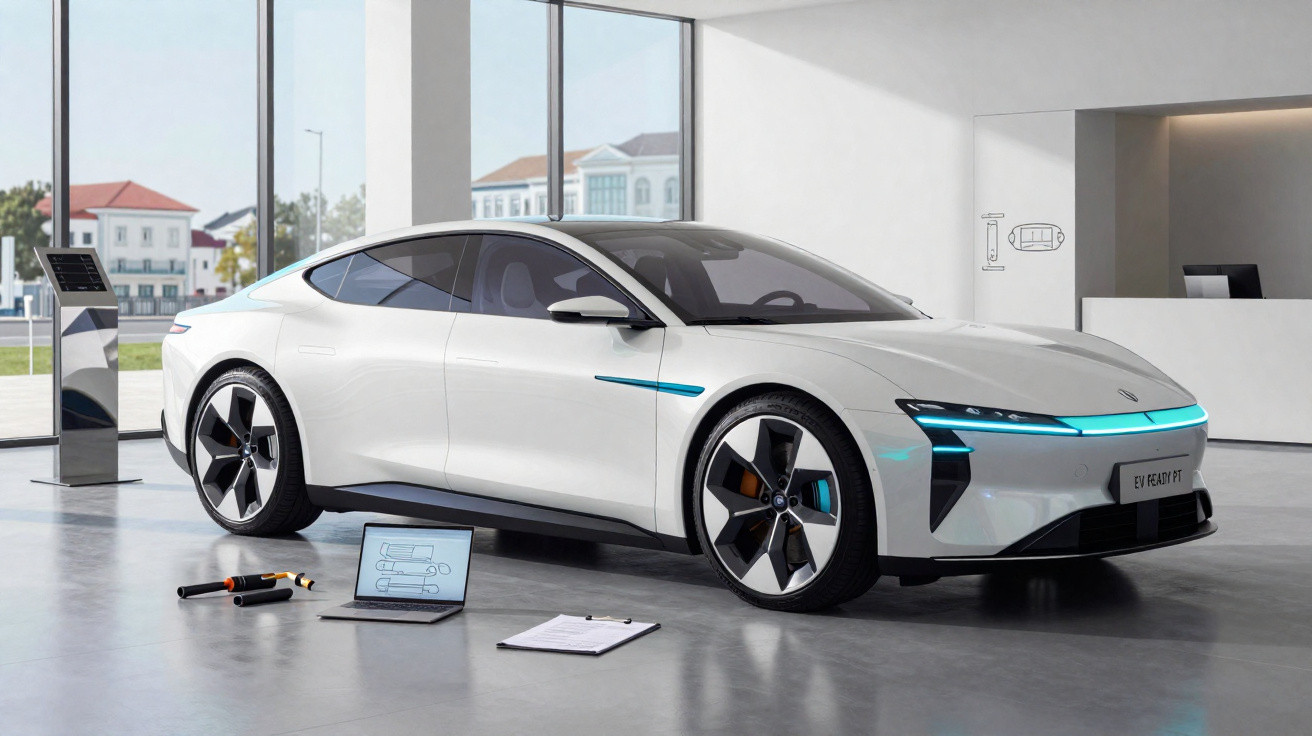 Carro elétrico branco moderno estacionado em ambiente interno com laptop e prancheta ao lado.