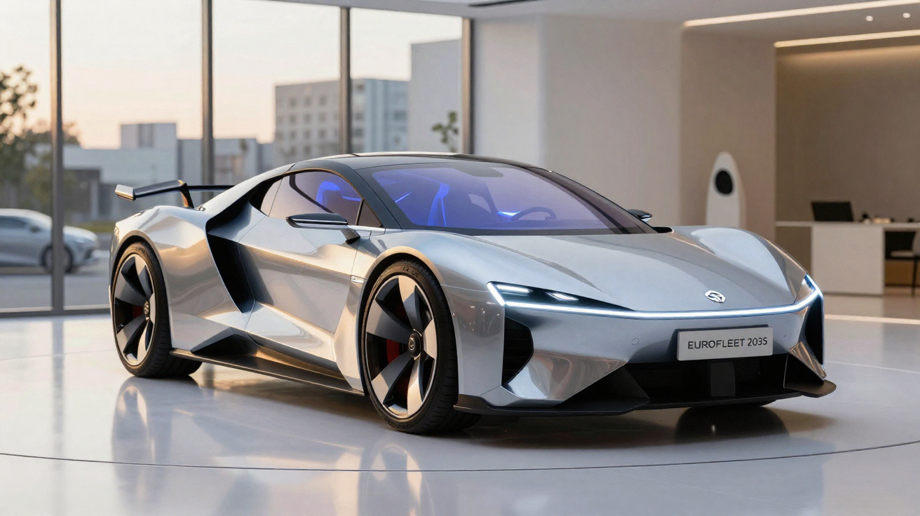 Carro esportivo prateado futurista Eurofleet 2035 em showroom moderno com grandes janelas de vidro.