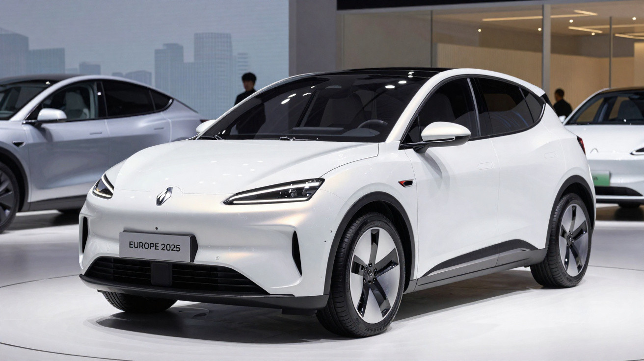 Carro elétrico branco Renault Europe 2025 exposto em salão com carro cinza ao fundo.
