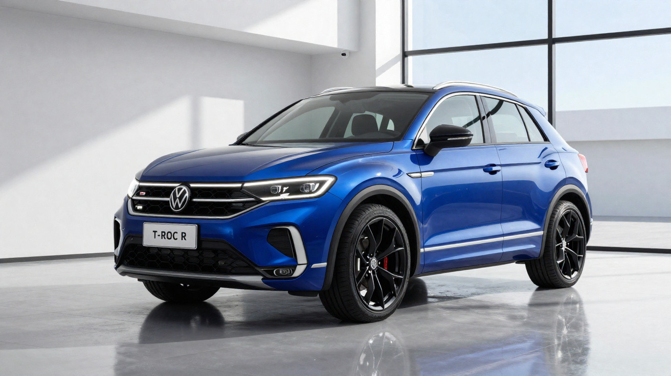 Carro SUV Volkswagen T-Roc R azul com teto preto em ambiente interno iluminado.