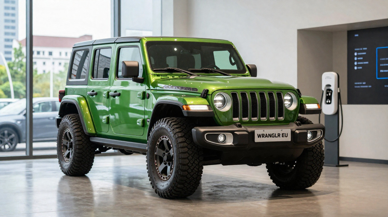 Jeep Wrangler verde exposto em showroom com parede de vidro e estação de recarga ao fundo.