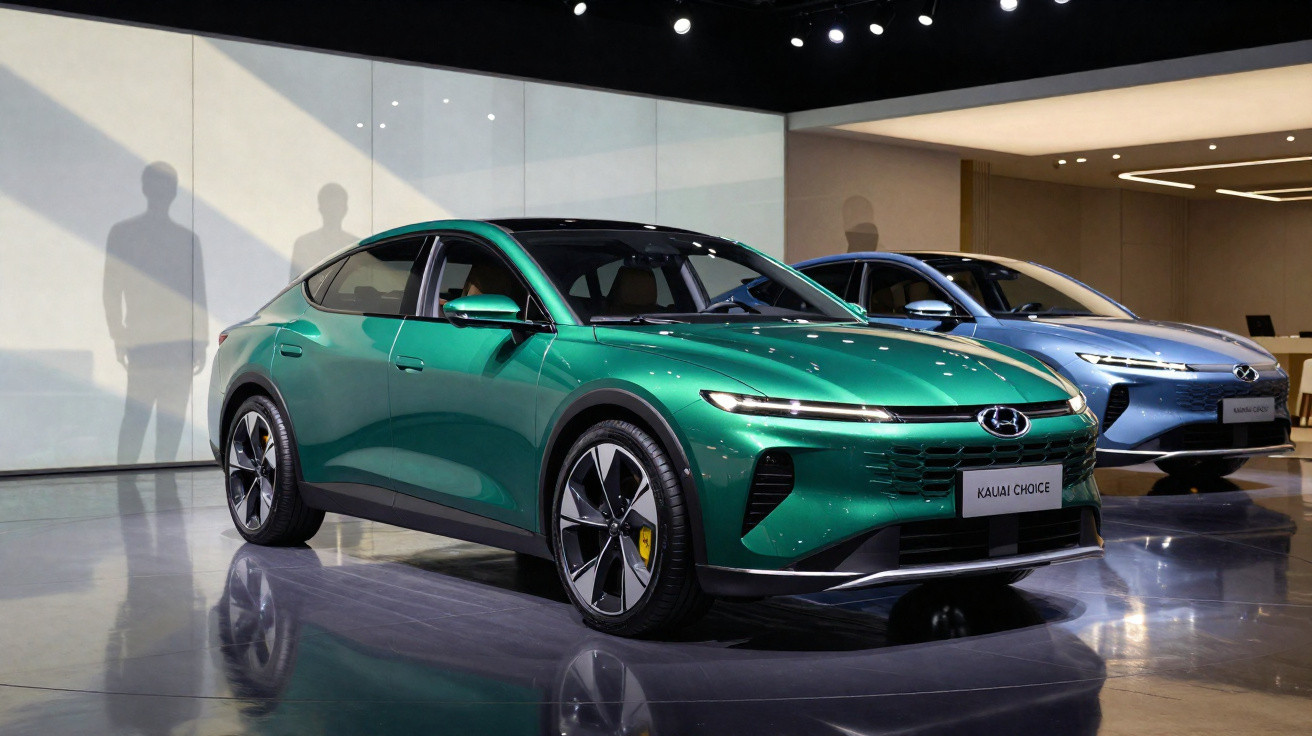 Dois carros Hyundai elétricos em exposição, sendo o modelo verde destacado em primeiro plano.