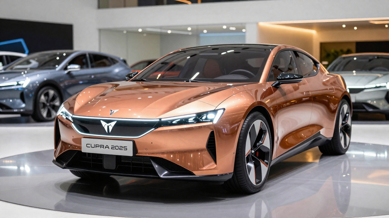 Carro elétrico Cupra 2025 na cor bronze exibido em showroom com design moderno e aerodinâmico.