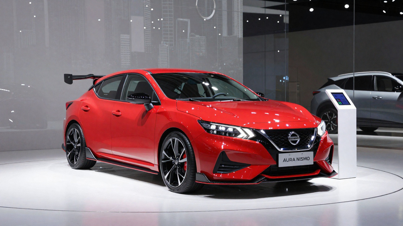 Carro esportivo vermelho Nissan Aura Nismo em exposição com iluminação branca e fundo cinza.