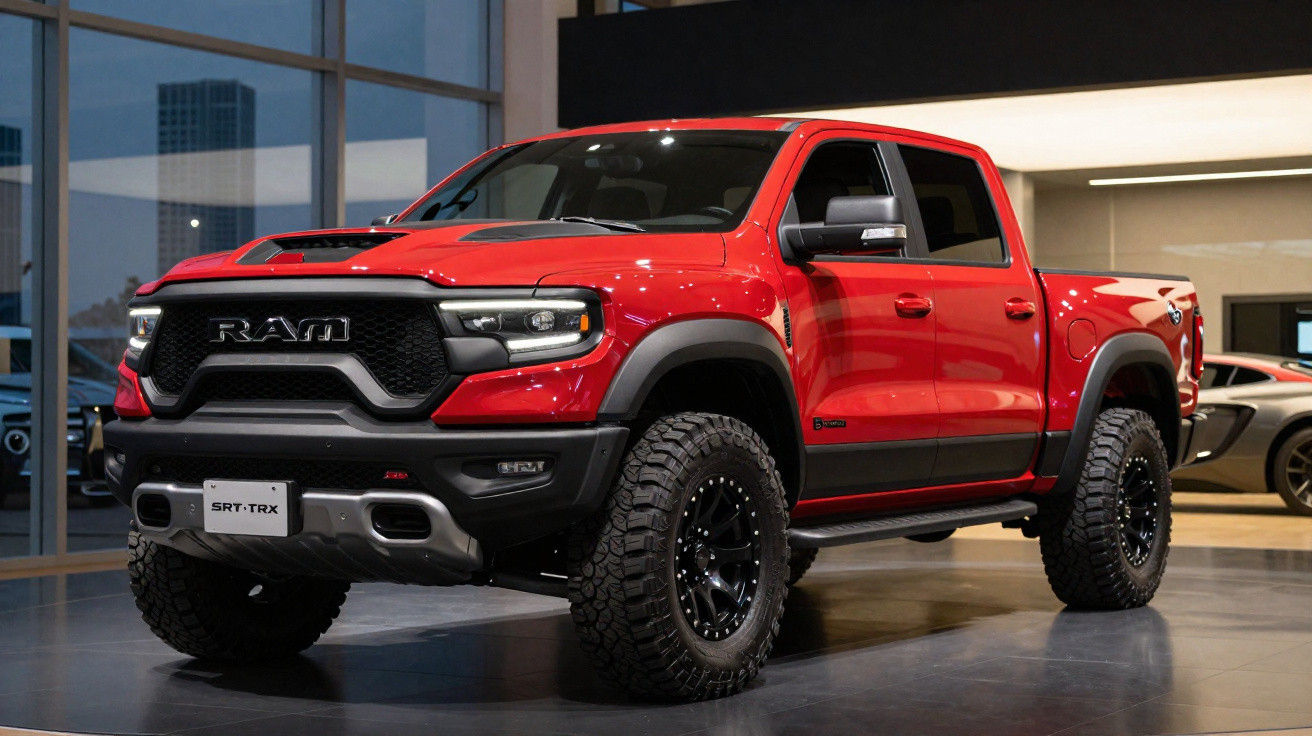 Picape vermelha RAM SRT-TRX estacionada em ambiente interno com pneus off-road robustos.