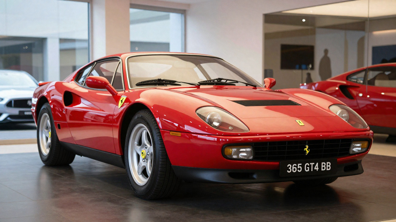 Carro esportivo Ferrari vermelho modelo clássico 365 GT4 BB em exposição interna.