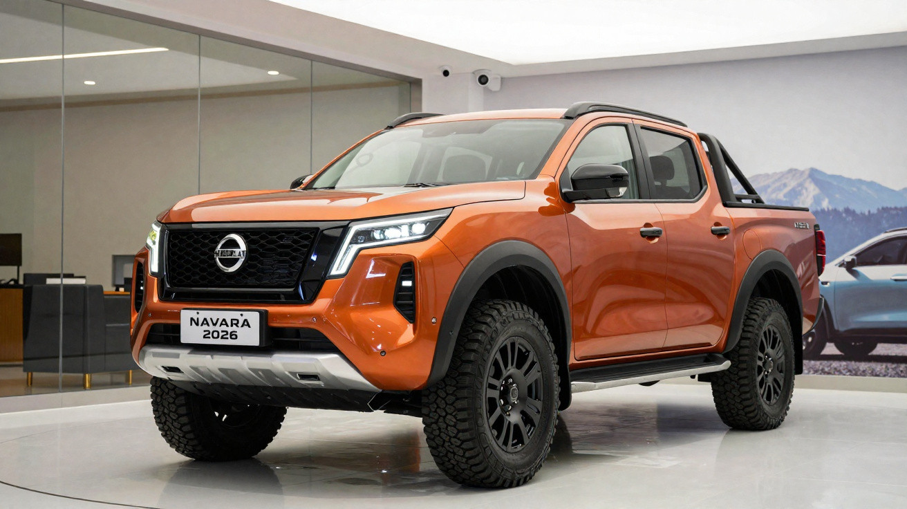 Picape Nissan Navara 2026 laranja em exposição em showroom moderno e iluminado.