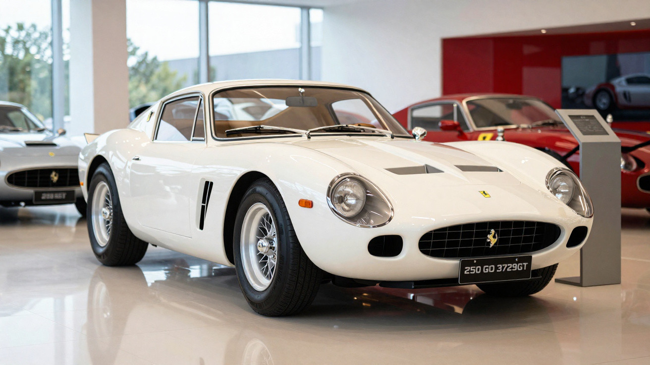 Carro esportivo clássico branco Ferrari 250 GTO 3729GT em exposição em museu.