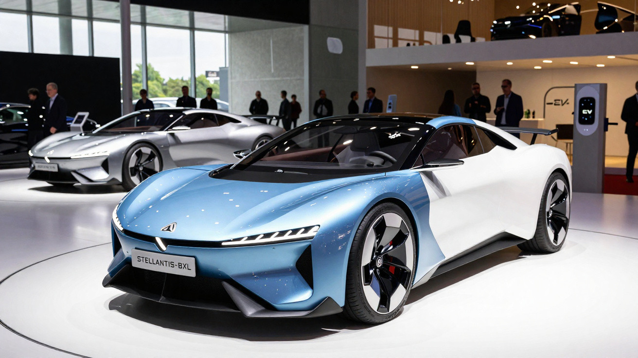 Carro esportivo elétrico Stellantis-BXL azul e branco em exposição com público ao fundo.