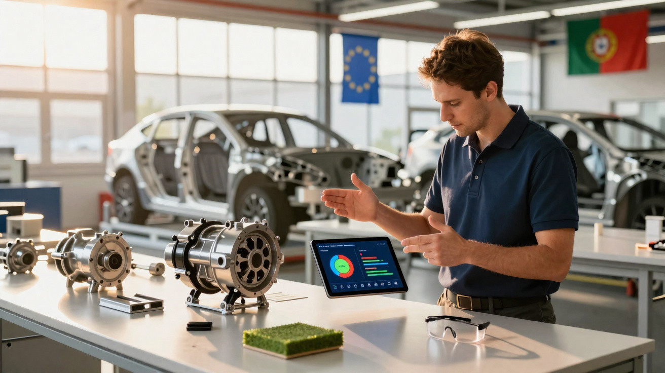 Engenheiro analisando dados em tablet com peças de motor elétrico e carro protótipo ao fundo em laboratório.