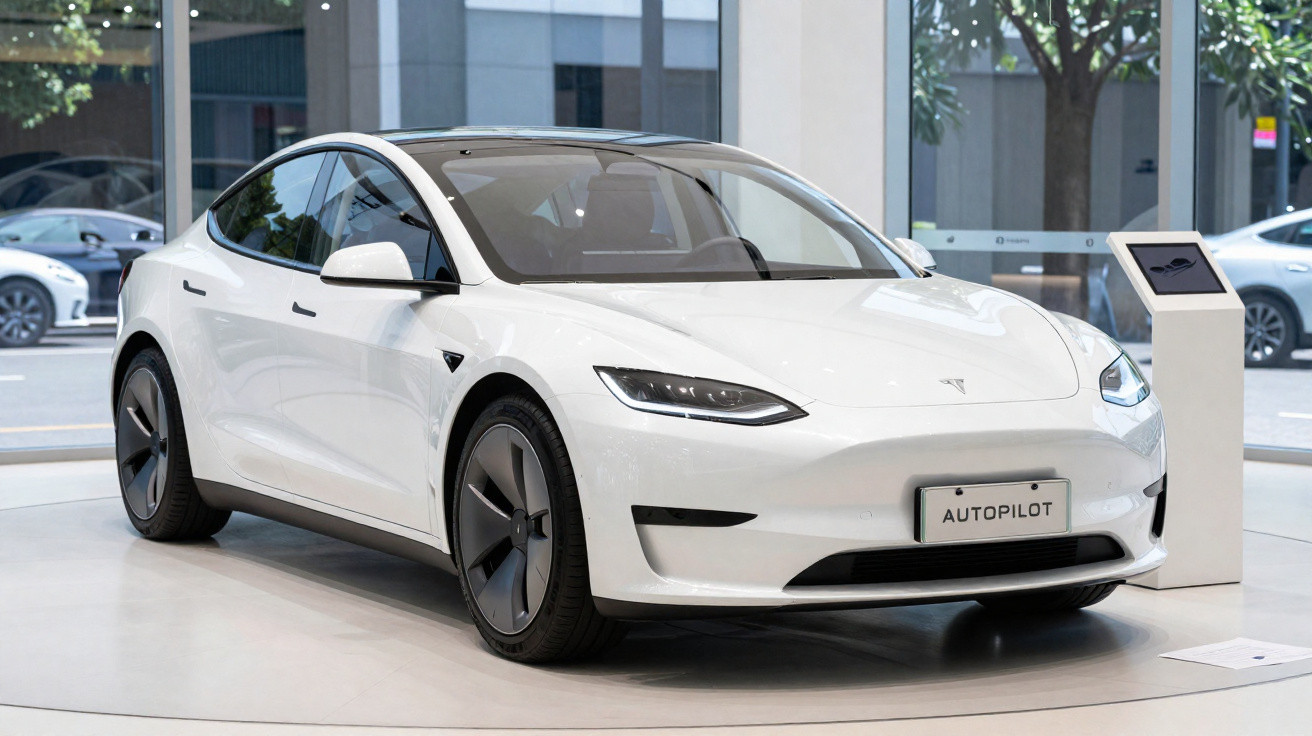 Carro elétrico branco Tesla Modelo S exposto em loja com placa Autopilot e pedestal digital ao lado.