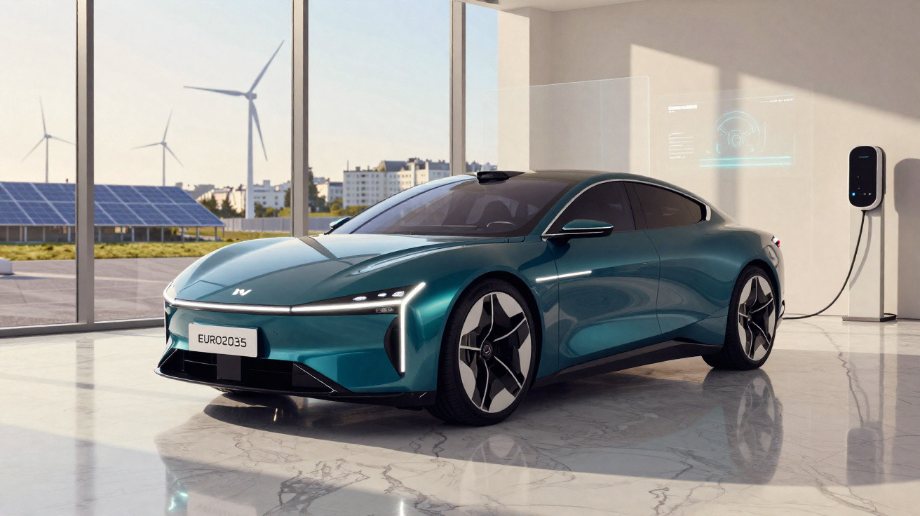 Carro elétrico futurista azul carregando em uma estação interna com turbinas e painéis solares ao fundo.