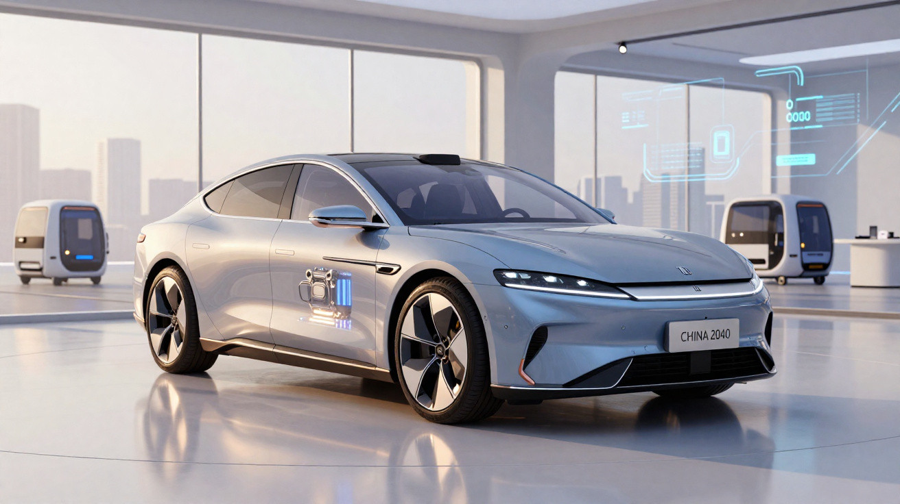 Carro elétrico moderno prateado em showroom futurista com hologramas e veículos autônomos ao fundo.