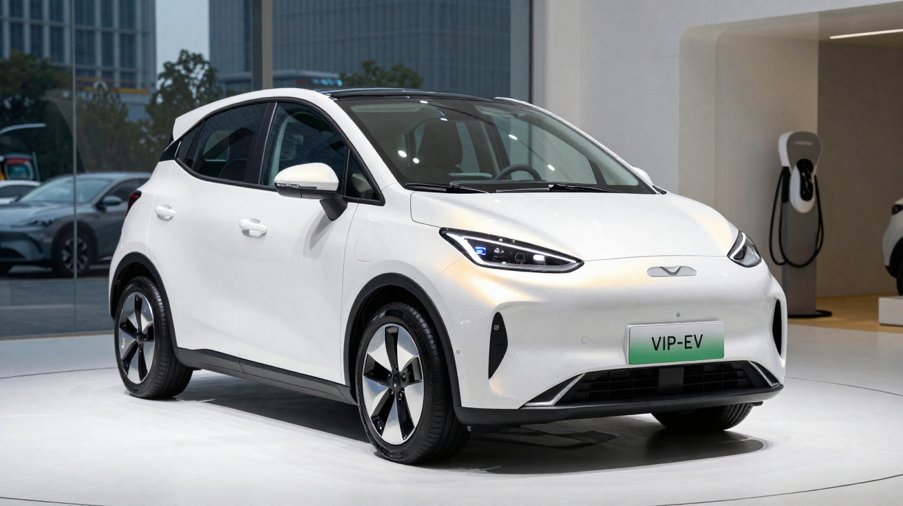 Carro elétrico branco modelo VIP-EV exibido em salão de automóveis moderno.