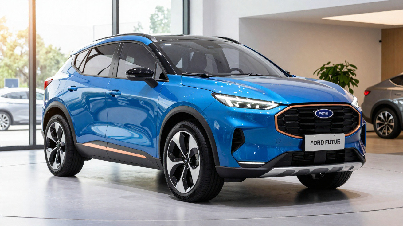 Carro SUV elétrico azul Ford Future exibido em ambiente interno de showroom moderno.