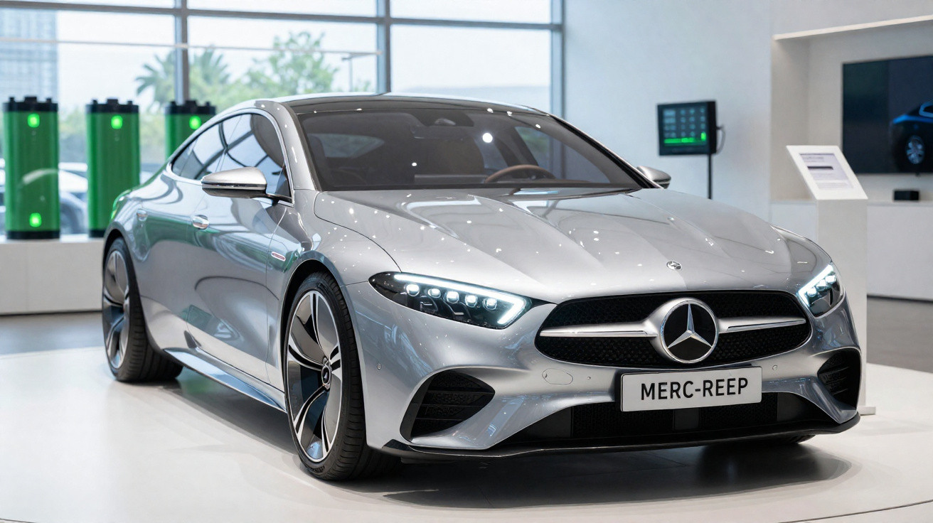 Carro esportivo prata Mercedes-Benz estacionado em showroom moderno com luzes ligadas.