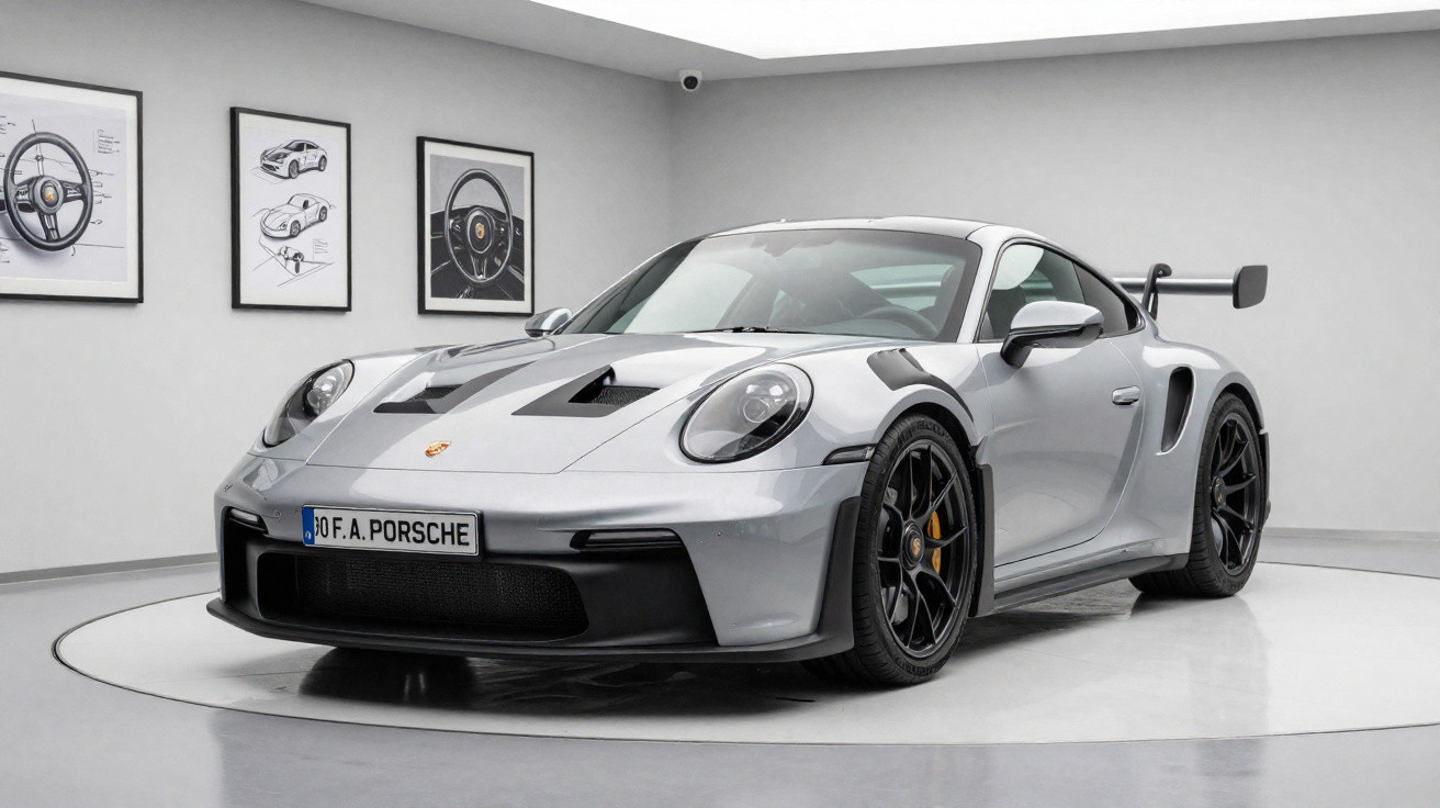 Carro esportivo Porsche cinza estacionado em showroom com quadros de design automotivo na parede.