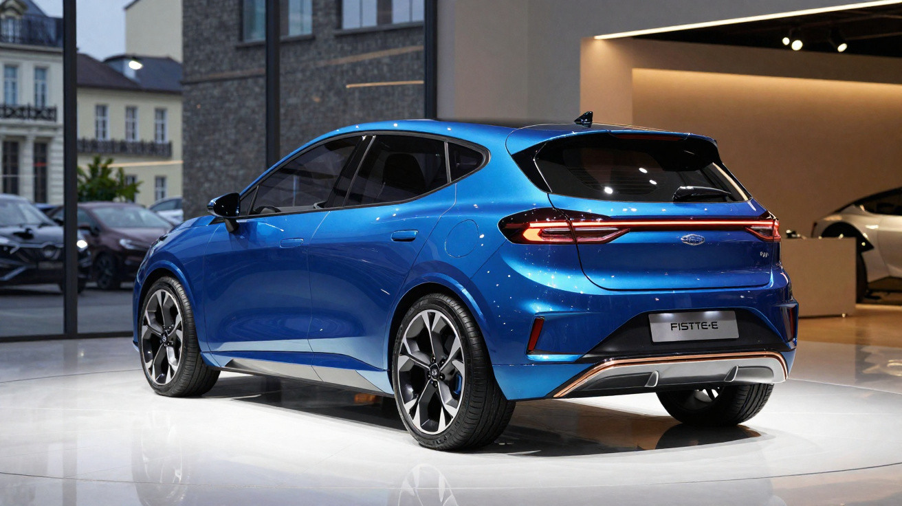 Carro elétrico azul modelo compacto FISTE-E exibido em showroom moderno com piso branco brilhante.