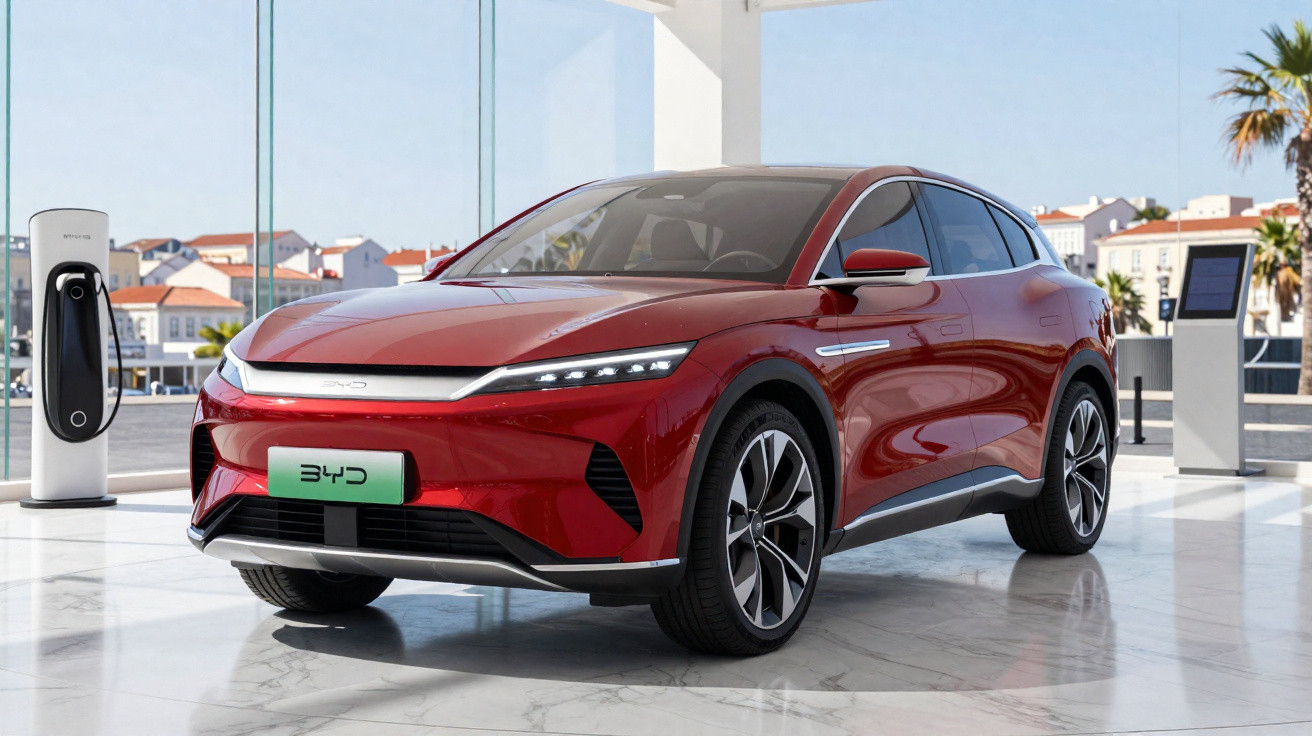Carro elétrico vermelho BYD estacionado em showroom moderno com parede de vidro e estação de carregamento.