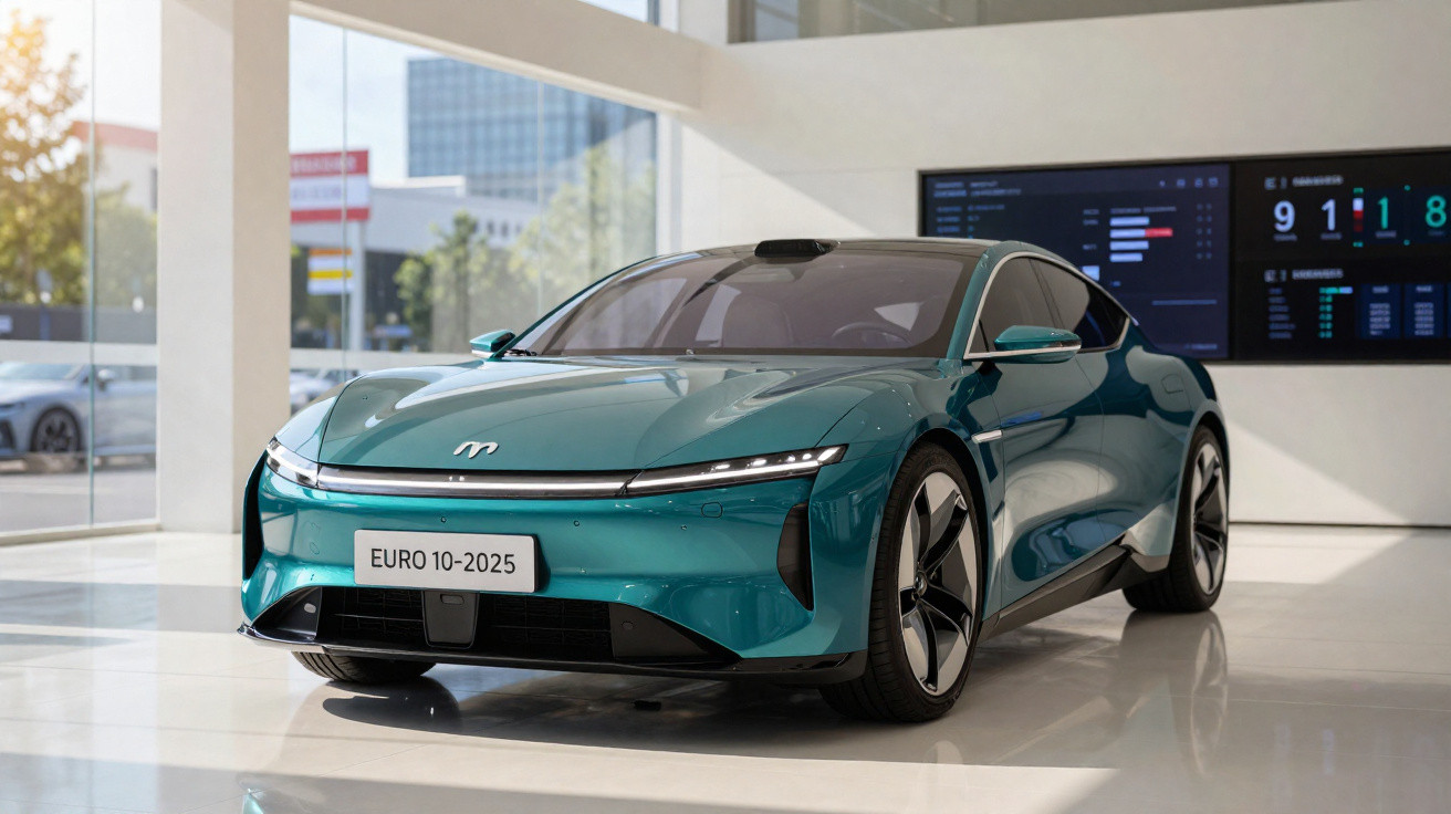Carro elétrico esportivo azul exibido em showroom moderno com iluminação natural e painéis digitais ao fundo.