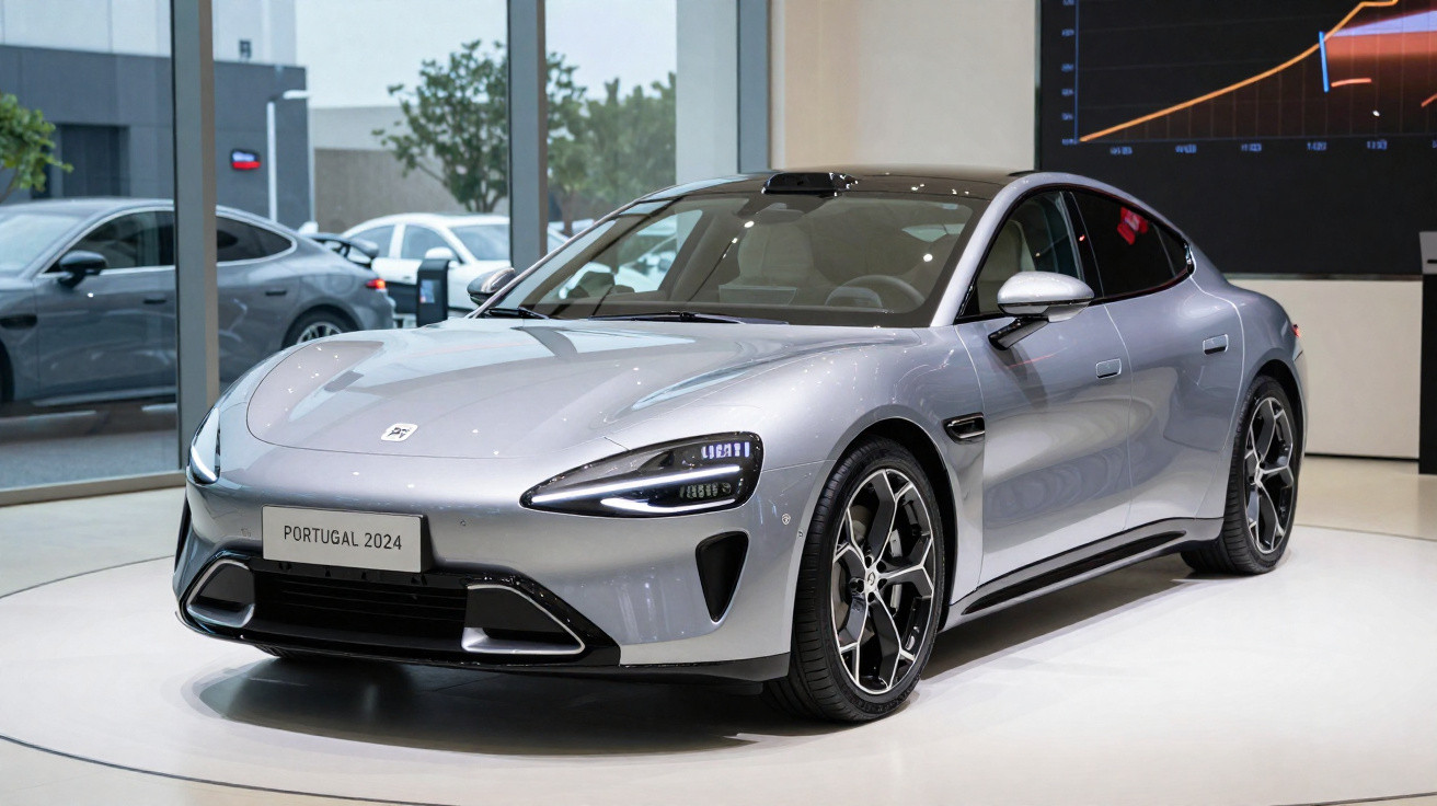 Carro esportivo elétrico prata exibido em ambiente fechado com placa Portugal 2024.