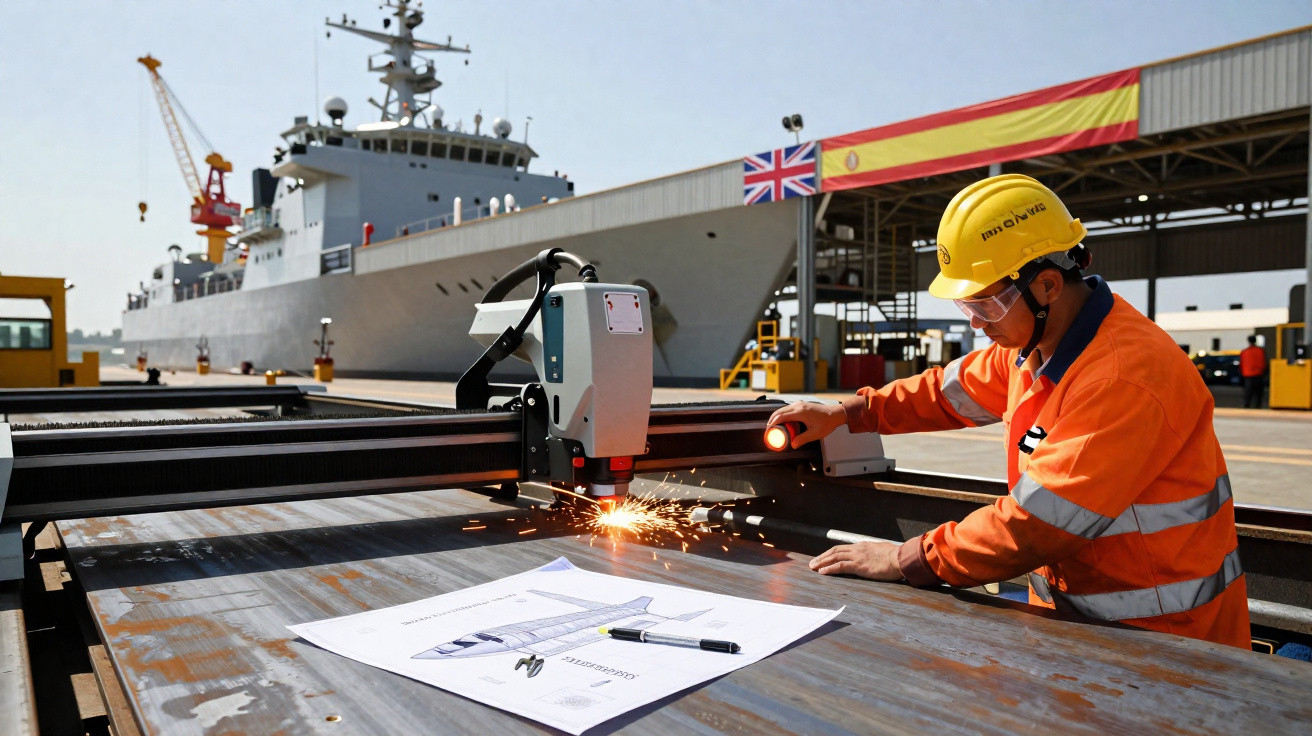 Trabalhador com capacete e óculos de proteção opera máquina de corte a laser em estaleiro naval ao lado de navio.
