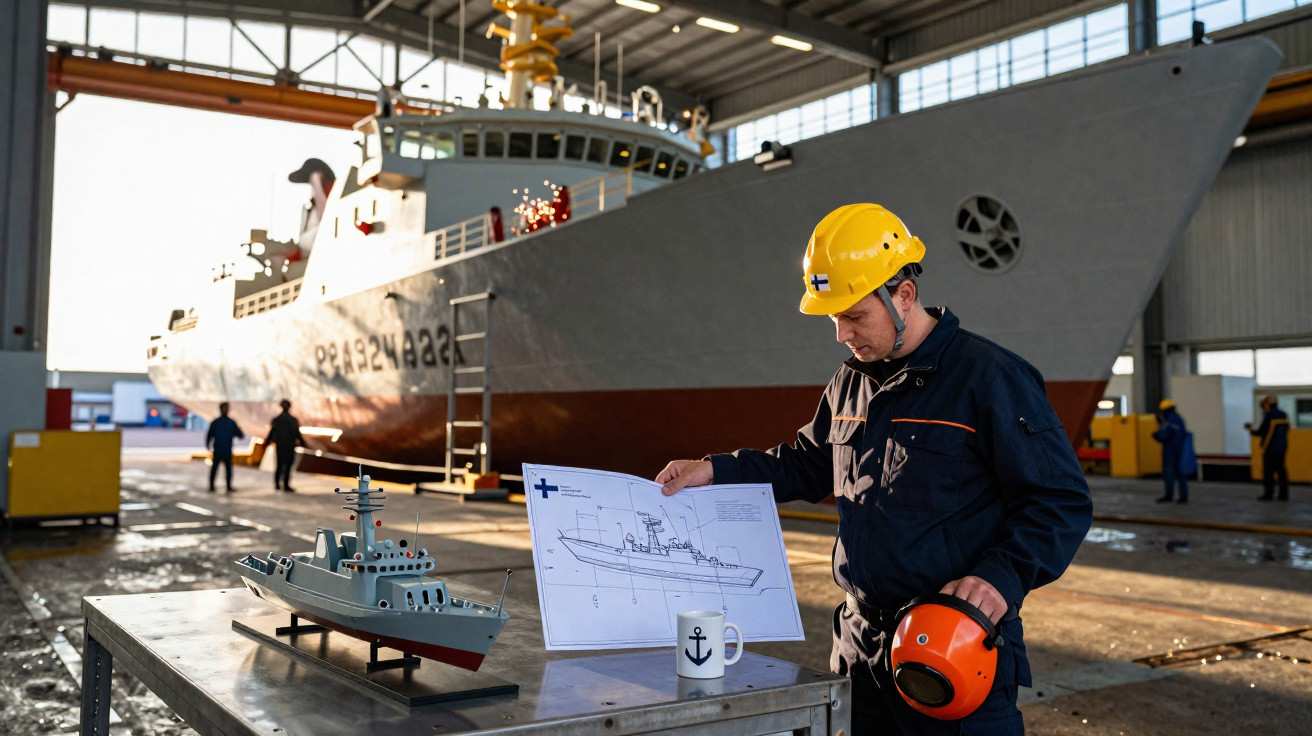 Homem com capacete amarelo observa projeto de navio em estaleiro com grande embarcação ao fundo.