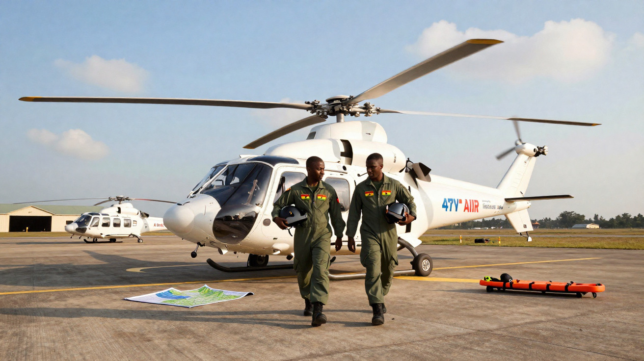 Dois pilotos militares africanos caminhando em frente a um helicóptero branco estacionado em base aérea.