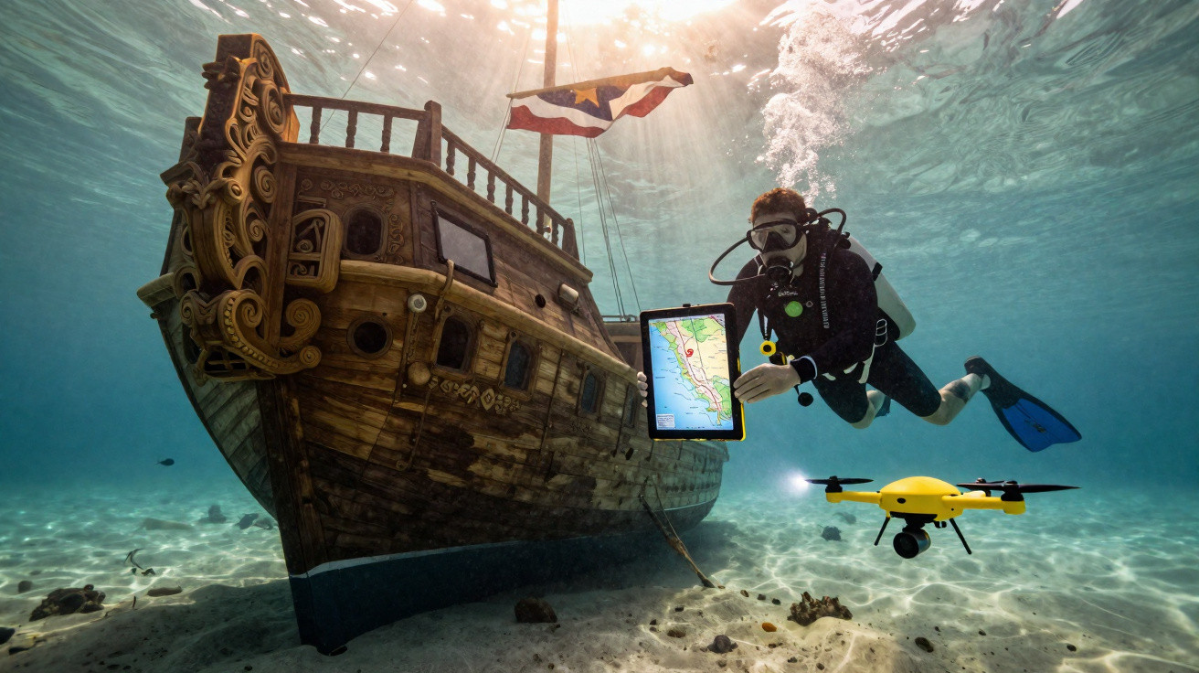 Mergulhador com tablet e drone subaquático próximo a um navio antigo no fundo do mar.