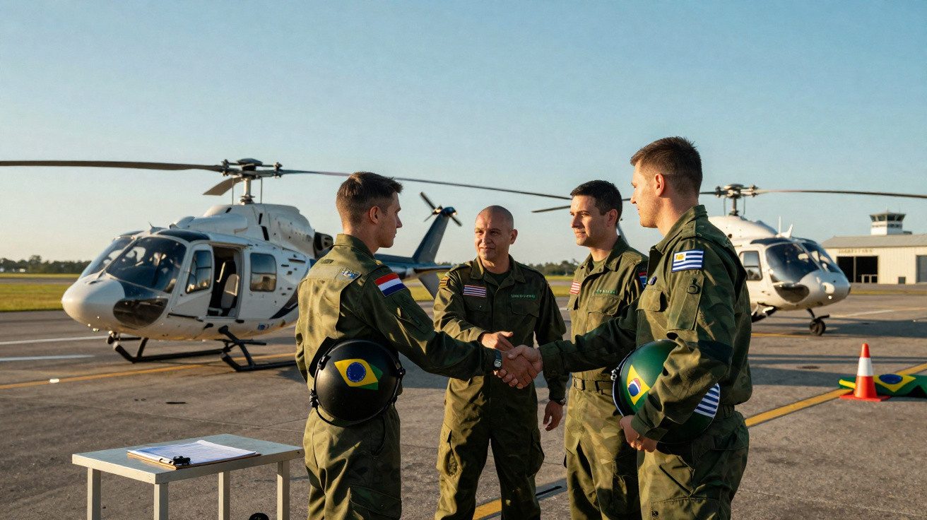 Quatro pilotos militares se cumprimentando em pista de helicópteros com duas aeronaves ao fundo.