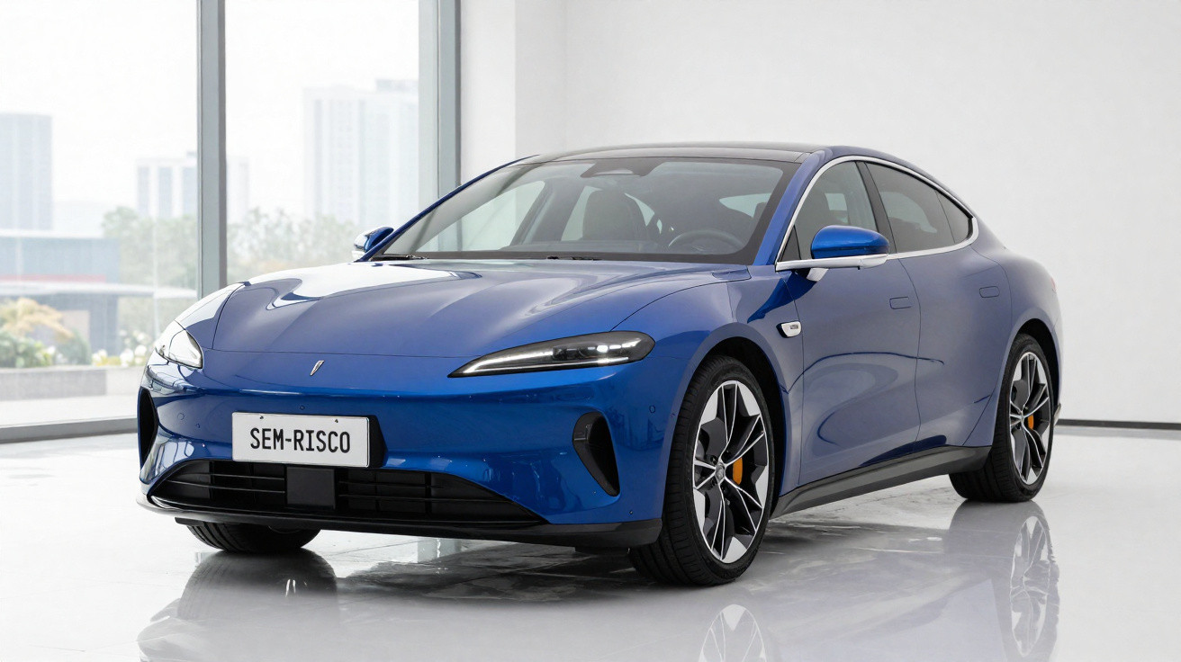 Carro elétrico azul estacionado em ambiente interno com placa personalizada escrita SEM-RISCO.