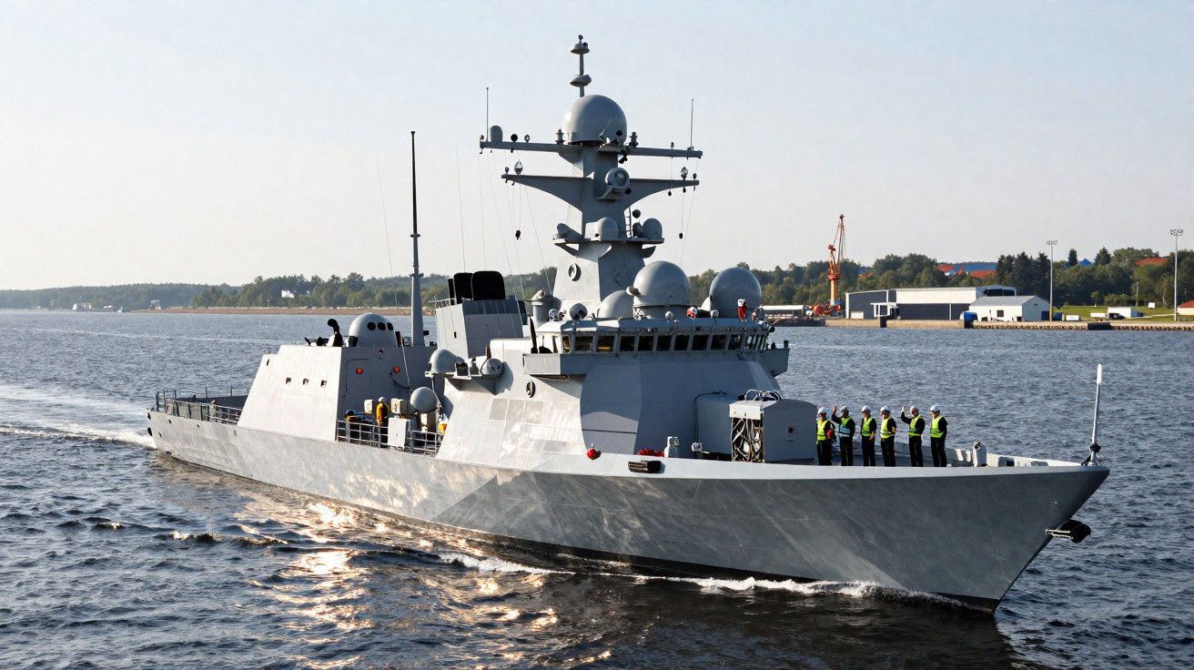 Destróier naval cinza com tripulação no convés navegando próximo à costa em dia claro.