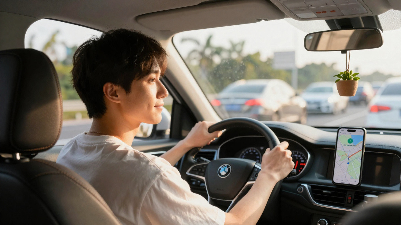 Homem dirigindo carro com GPS no celular e planta pendurada no espelho retrovisor.