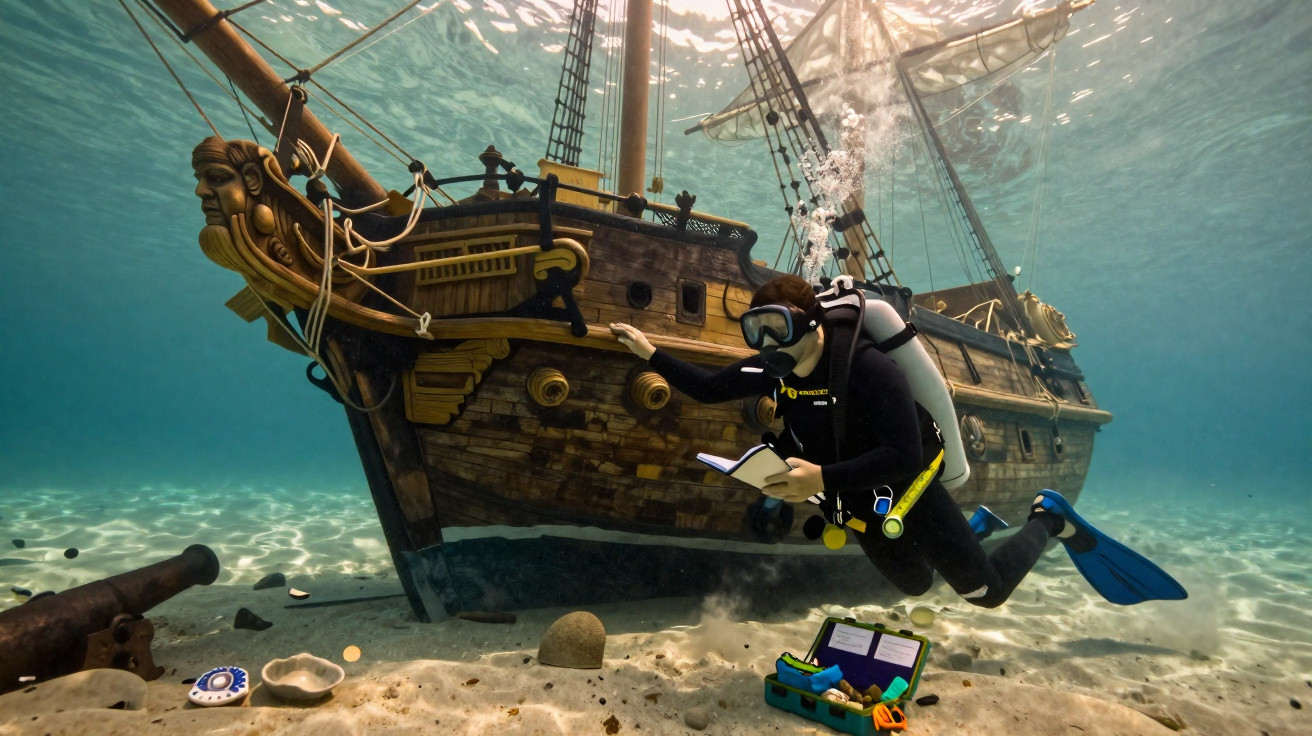 Mergulhador explorando um navio pirata antigo submerso no fundo do mar, com equipamentos arqueológicos.