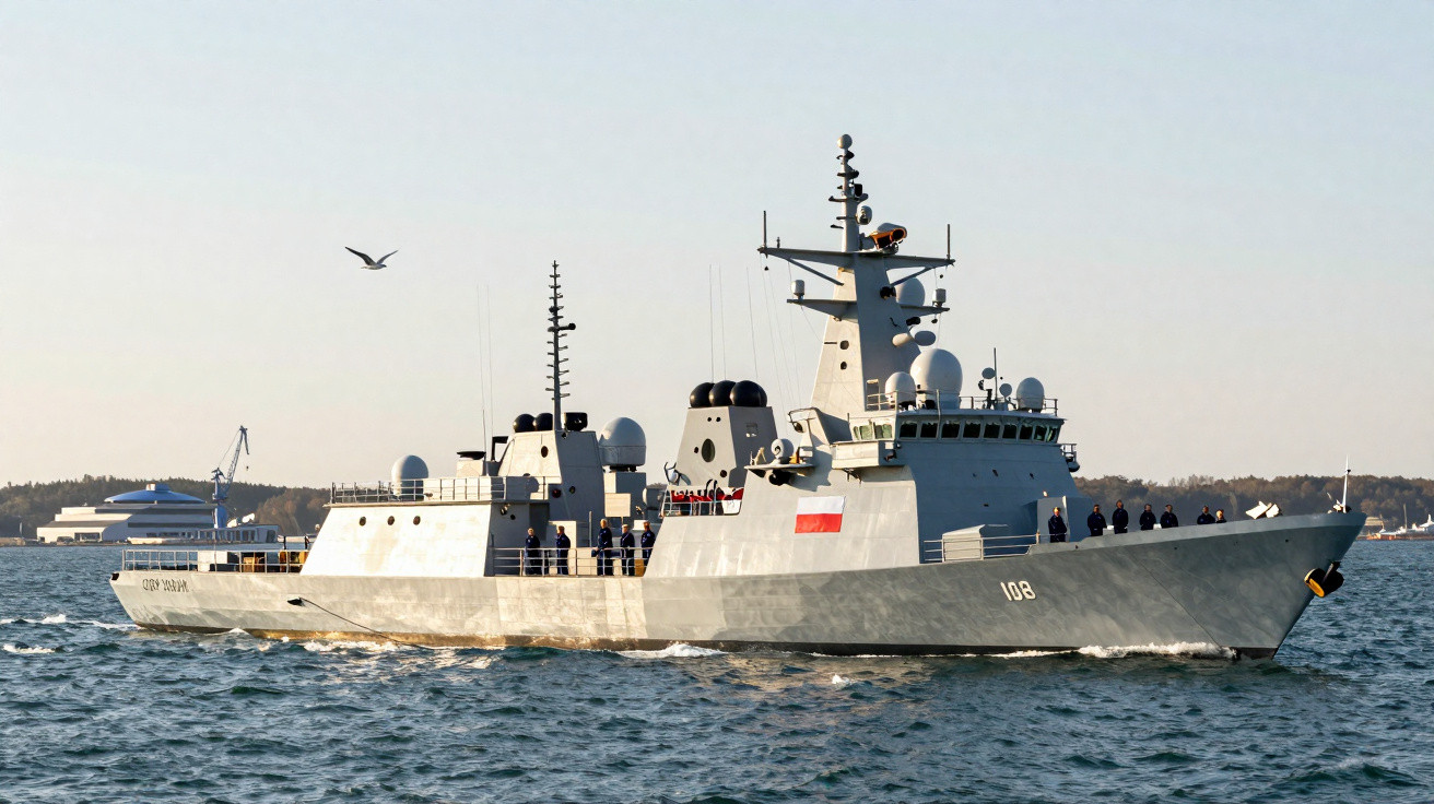 Navio patrulha militar cinza navegando em mar calmo com pássaro voando ao lado e costa ao fundo.