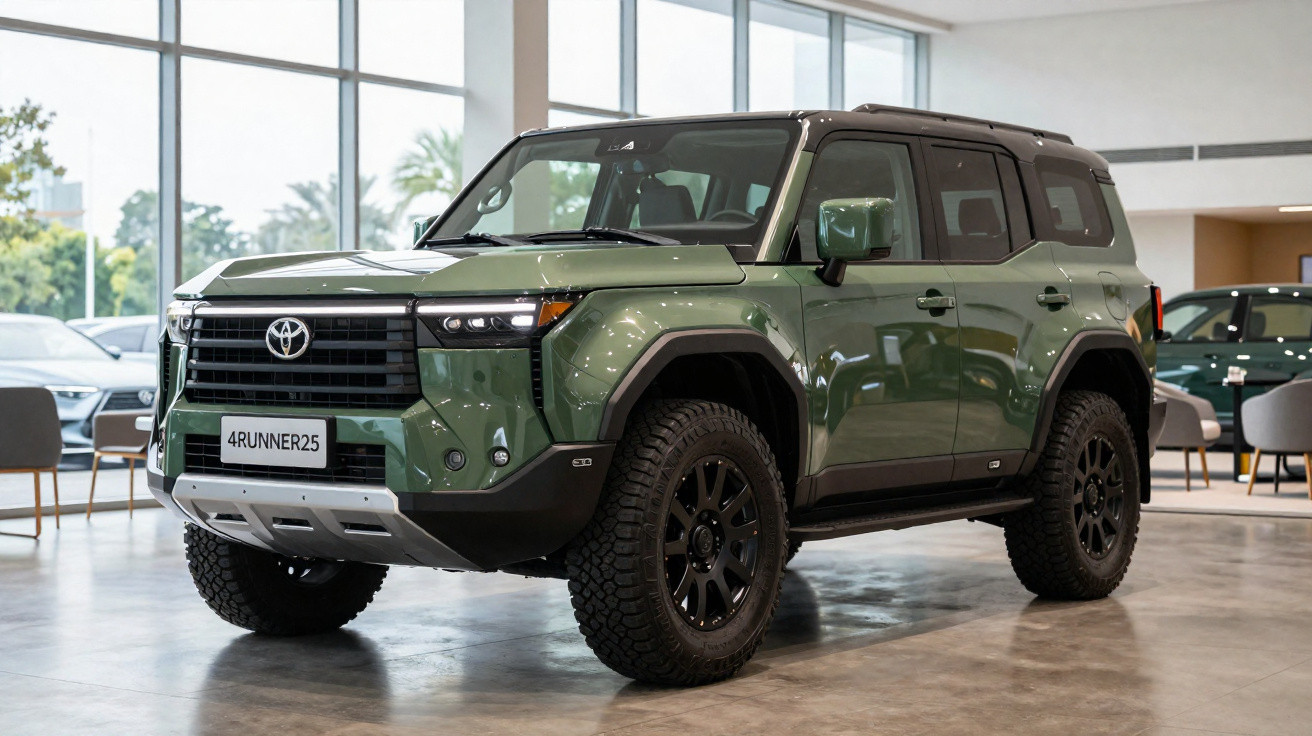 SUV Toyota 4Runner verde com teto preto, exibido em concessionária moderna e iluminada.