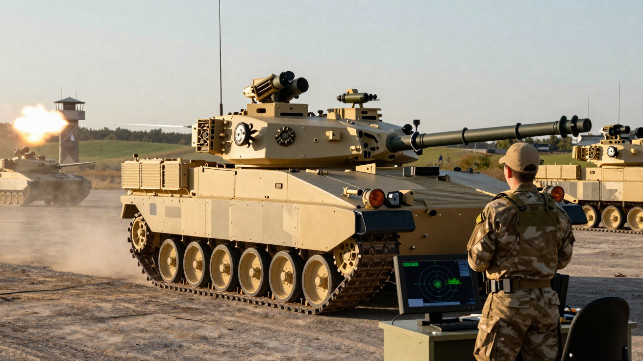 Tanques militares em campo aberto com soldado operando computador de controle.