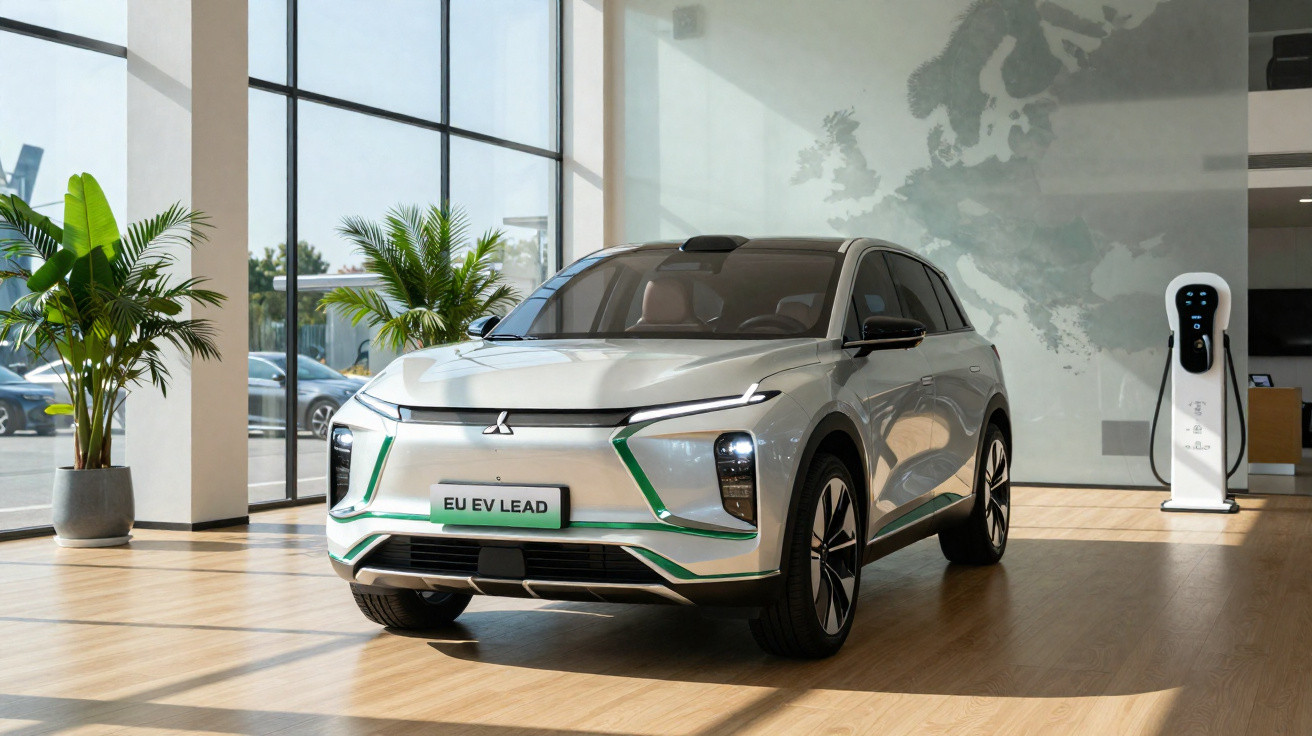 Carro elétrico Mitsubishi EU EV LEAD prata em sala iluminada com plantas e estação de recarga.