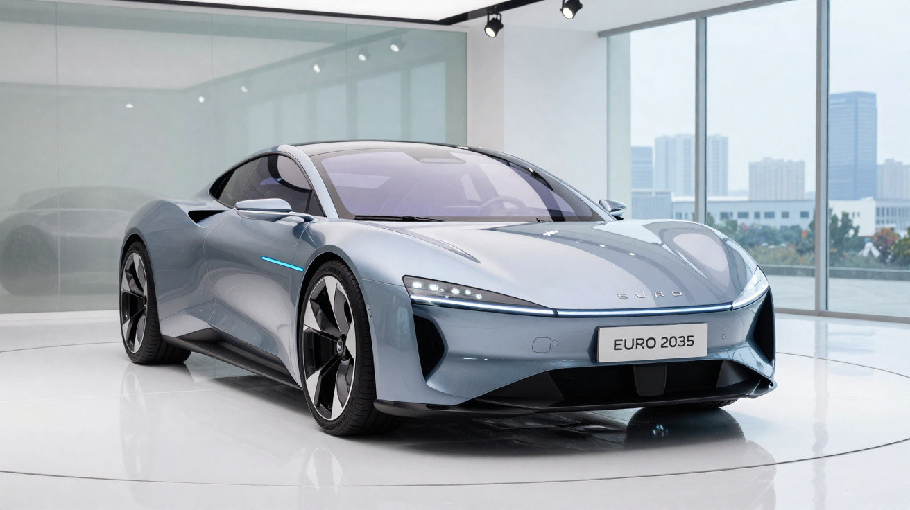 Carro esportivo elétrico cinza modelo Euro 2035 em exibição em ambiente moderno e iluminado.