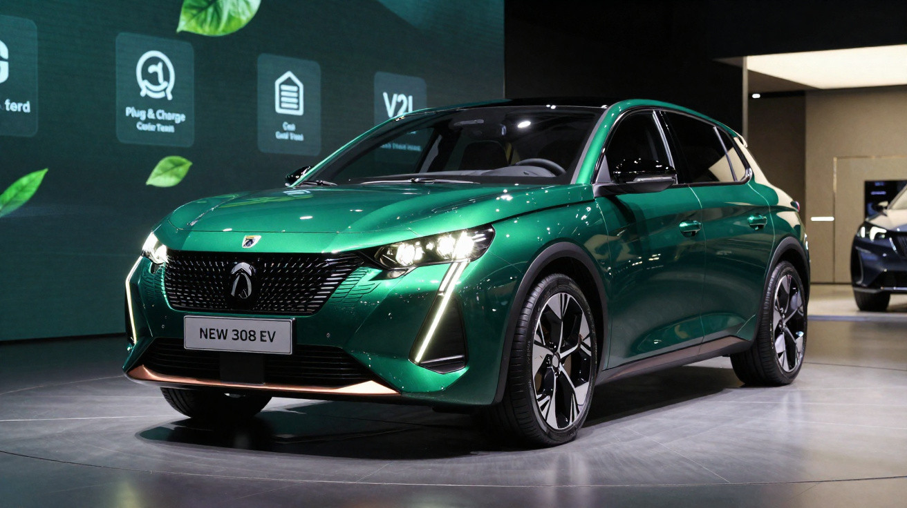 Carro elétrico verde Peugeot 308 EV exposto em ambiente interno com fundo digital e iluminação destacada.