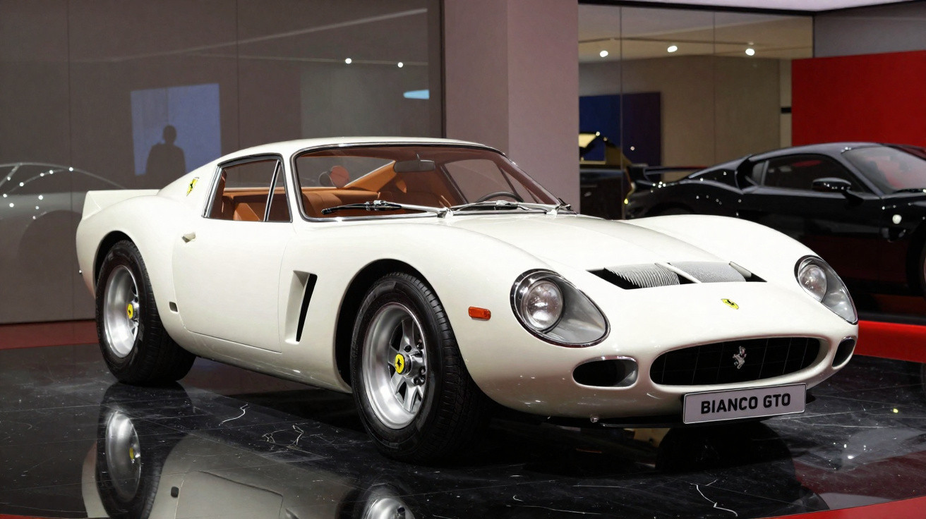 Carro esportivo clássico Ferrari Bianco GTO branco em exposição com interior marrom.