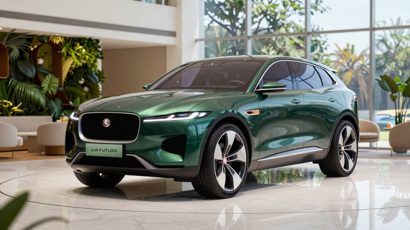 Carro SUV elétrico verde Jaguar JLR Future em espaço interno moderno com plantas e sofás.