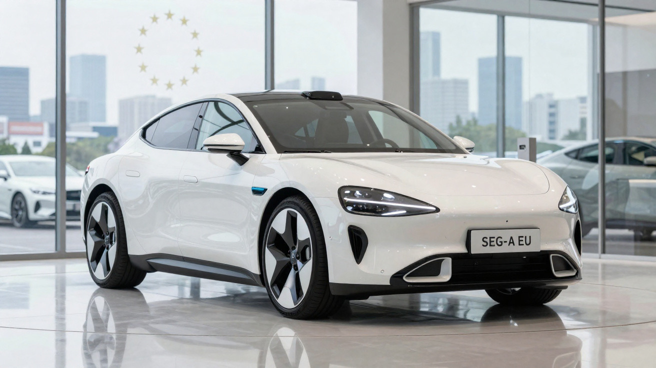 Carro elétrico branco moderno em showroom com iluminação natural e vista para prédios urbanos.