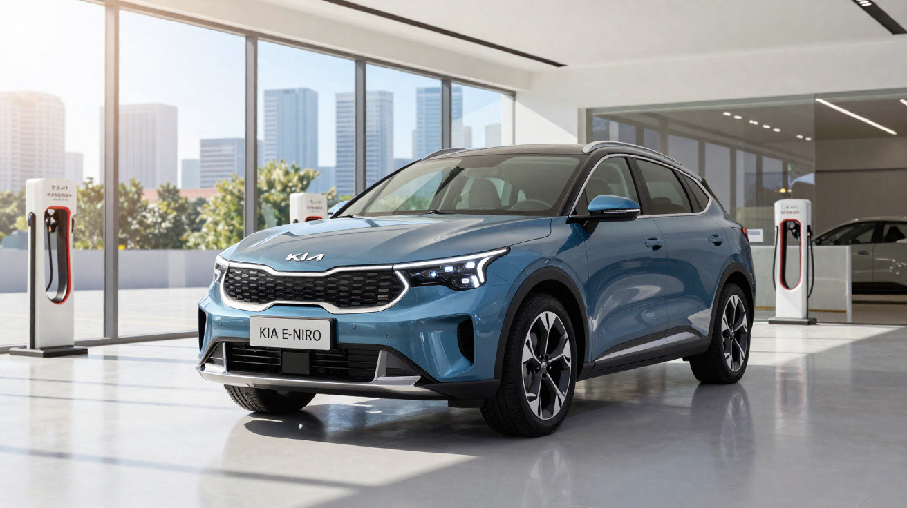 Carro elétrico Kia e-Niro azul exibido em showroom moderno com postes de carregamento ao fundo.