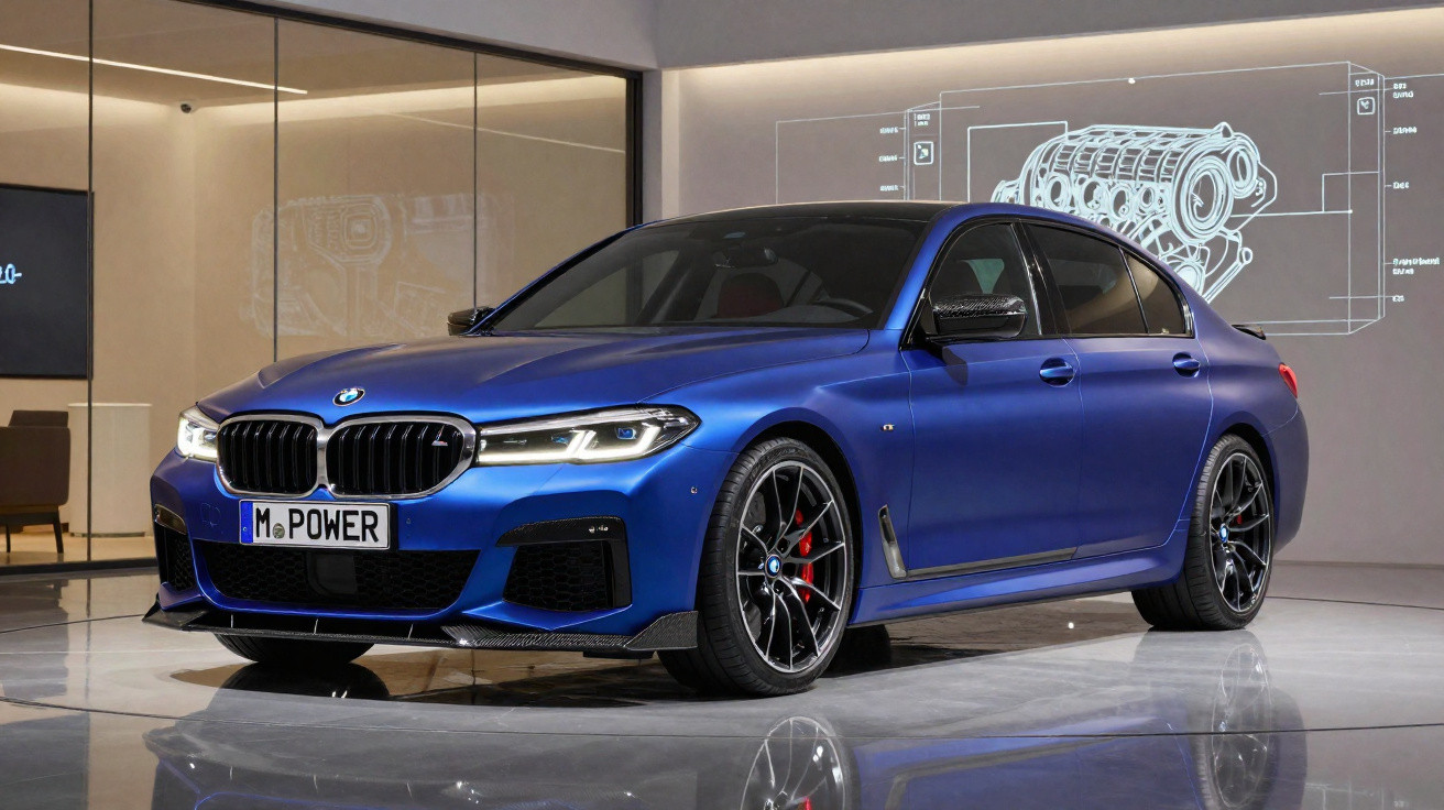 Carro esportivo BMW azul estacionado em ambiente interno com projeto técnico projetado na parede ao fundo.