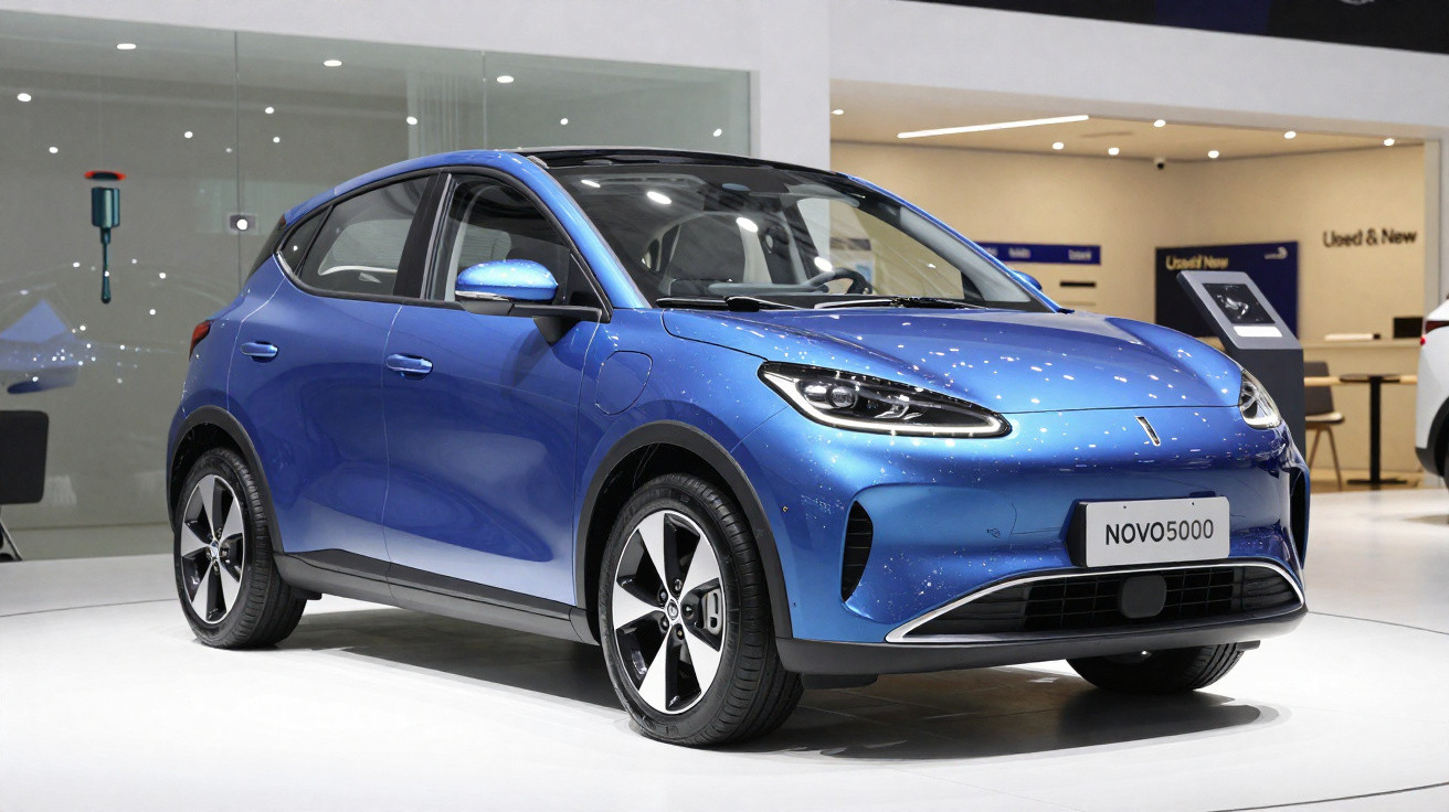 Carro elétrico compacto azul exposto em salão automotivo, modelo Novo 5000.