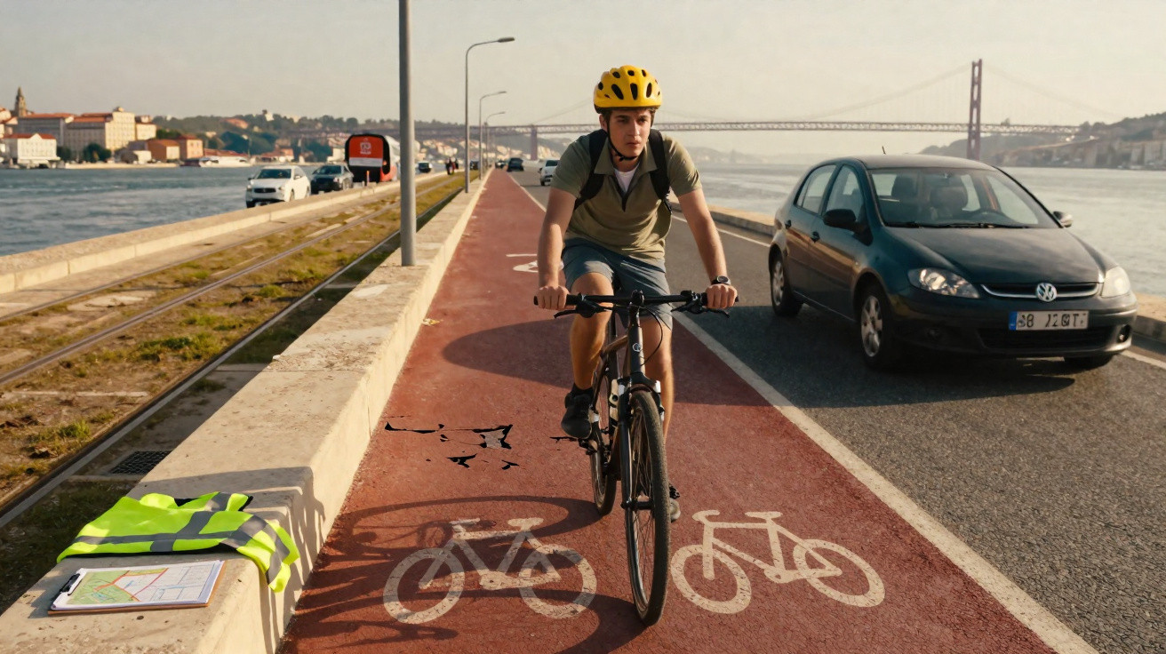 Jovem com capacete amarelo andando de bicicleta em ciclovia vermelha próxima a rio e ponte.