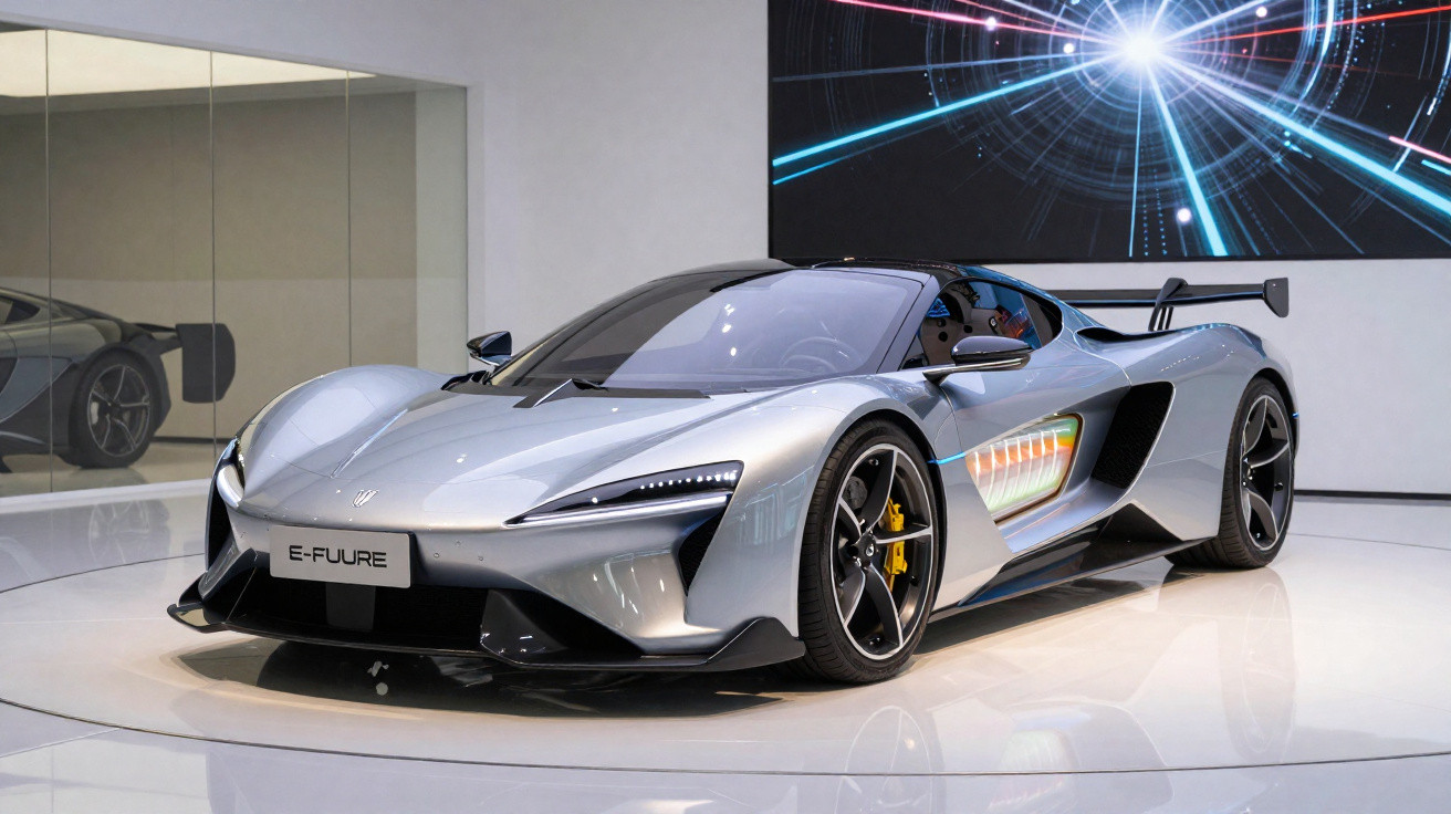 Carro esportivo elétrico prata E-Fuure exibido em sala de exposição moderna com iluminação branca.
