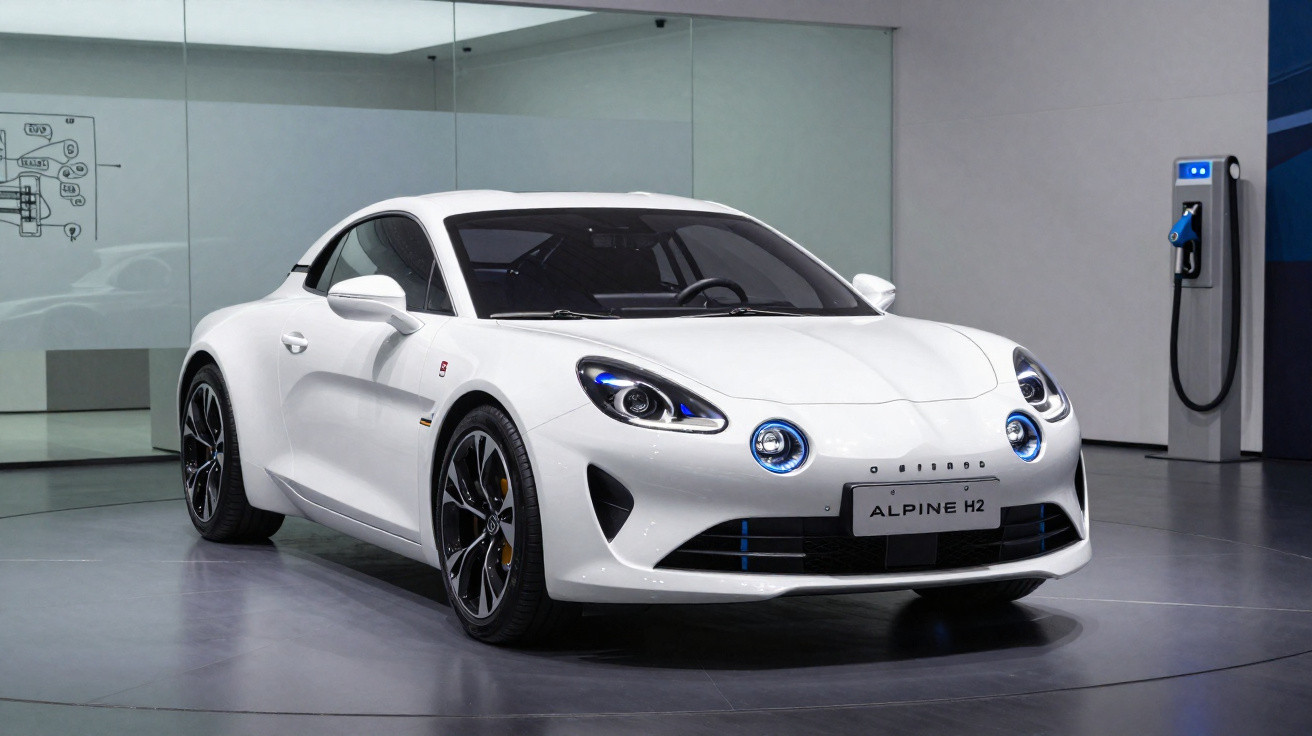 Carro esportivo branco Alpine H2 estacionado em ambiente interno com estação de recarga elétrica ao lado.