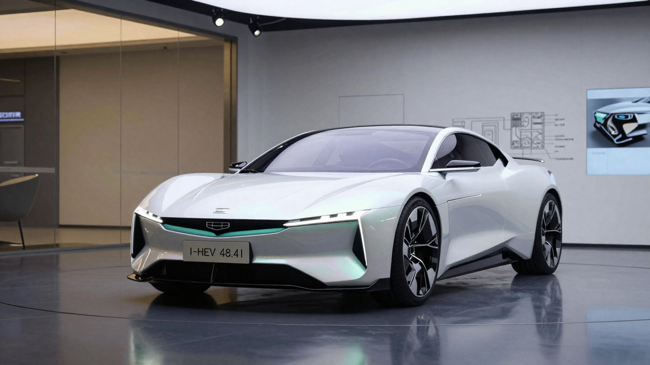Carro esportivo elétrico branco futurista exibido em ambiente interno moderno.